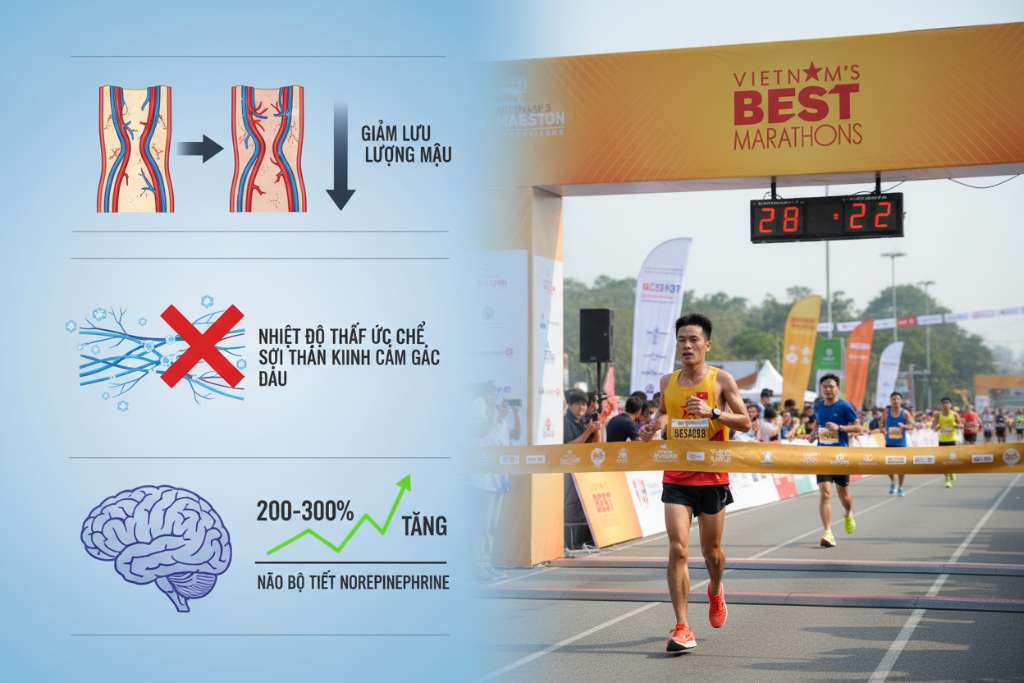 Infographic dọc chia 3 tầng minh họa cơ chế ngâm đá lên cơ thể runner: tầng trên – mặt cắt mạch máu co lại với mũi tên chỉ giảm lưu lượng máu, tầng giữa – sợi thần kinh cảm giác đau bị ức chế bởi nhiệt độ thấp, tầng dưới – não bộ tiết norepinephrine với biểu đồ tăng 200-300%. Nền xanh dương nhạt gradient, font chữ tiếng Việt rõ ràng, phong cách y khoa hiện đại.