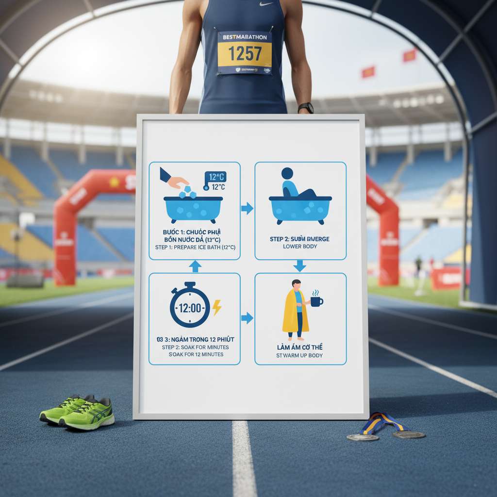 Bảng hướng dẫn trực quan dạng step-by-step gồm 4 bước ngâm đá: bước 1 – tay đổ đá vào bồn tắm với nhiệt kế hiển thị 12°C, bước 2 – vận động viên ngồi xuống ngâm từ eo trở xuống, bước 3 – đồng hồ bấm giờ đang đếm 12:00 phút, bước 4 – vận động viên quấn khăn ấm cầm cốc nước nóng. Nền trắng sạch, icon phẳng phong cách hiện đại, mũi tên nối các bước, chất lượng cao.