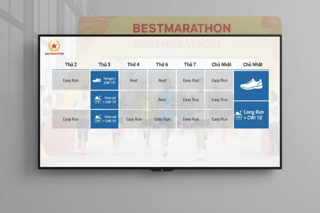 Lịch tuần dạng bảng ngang 7 ngày (Thứ 2 đến Chủ Nhật) cho runner marathon: Thứ 3 có icon giày chạy + bồn đá nhỏ ghi