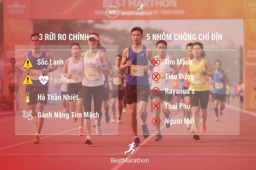 Infographic dạng cảnh báo chia hai cột trên nền đỏ nhạt-cam: cột trái liệt kê 3 rủi ro chính với icon tam giác vàng (sốc lạnh – hình tim đập nhanh, hạ thân nhiệt – hình nhiệt kế xuống thấp, gánh nặng tim mạch – hình mạch máu co thắt), cột phải liệt kê 5 nhóm chống chỉ định với icon X đỏ (tim mạch, tiểu đường, Raynaud's, thai phụ, người mới). Font tiếng Việt rõ ràng, phong cách y tế chuyên nghiệp.