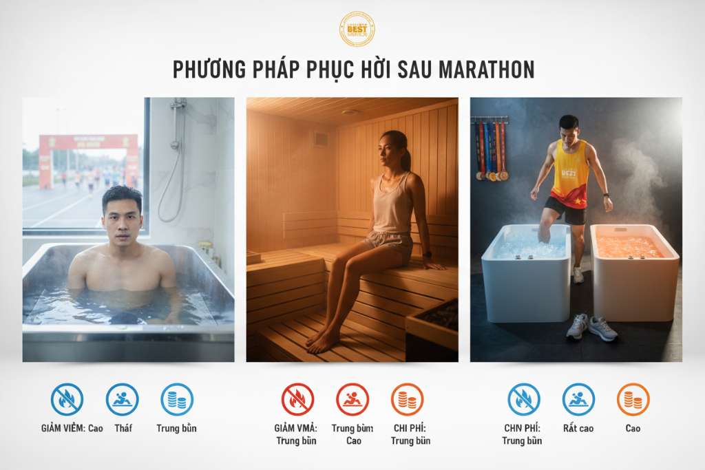 Bảng so sánh trực quan 3 cột nằm ngang: cột trái – vận động viên ngâm trong bồn đá với hơi lạnh bốc lên (tông xanh dương), cột giữa – vận động viên ngồi trong phòng sauna gỗ tuyết tùng (tông cam ấm), cột phải – hai bồn song song một lạnh một nóng cho contrast therapy (tông xanh-cam gradient). Phía dưới mỗi cột có icon đánh giá: hiệu quả giảm viêm, mức độ thoải mái, chi phí. Phong cách infographic thể thao sạch sẽ.