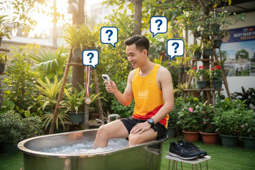 Vận động viên chạy bộ Việt Nam mặc quần short và áo tank top đang ngồi trên mép bồn ngâm đá inox ngoài trời, một chân đã nhúng trong nước đá, tay cầm nhiệt kế nước, biểu cảm tò mò vui vẻ. Xung quanh có 4-5 bong bóng hội thoại (speech bubble) trắng viền xanh chứa dấu hỏi chấm. Bối cảnh sân vườn nhà Việt Nam có cây xanh, ánh sáng buổi sáng, góc chụp 3/4, phong cách tươi sáng thân thiện.