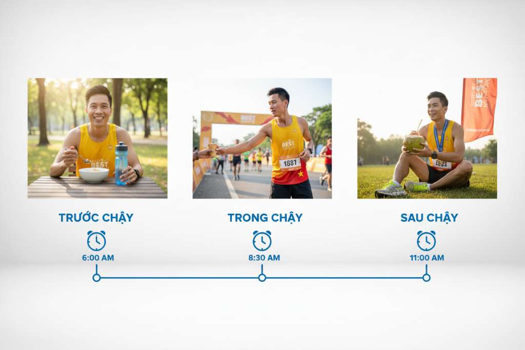 Infographic dạng timeline ngang chia 3 giai đoạn: bên trái là 