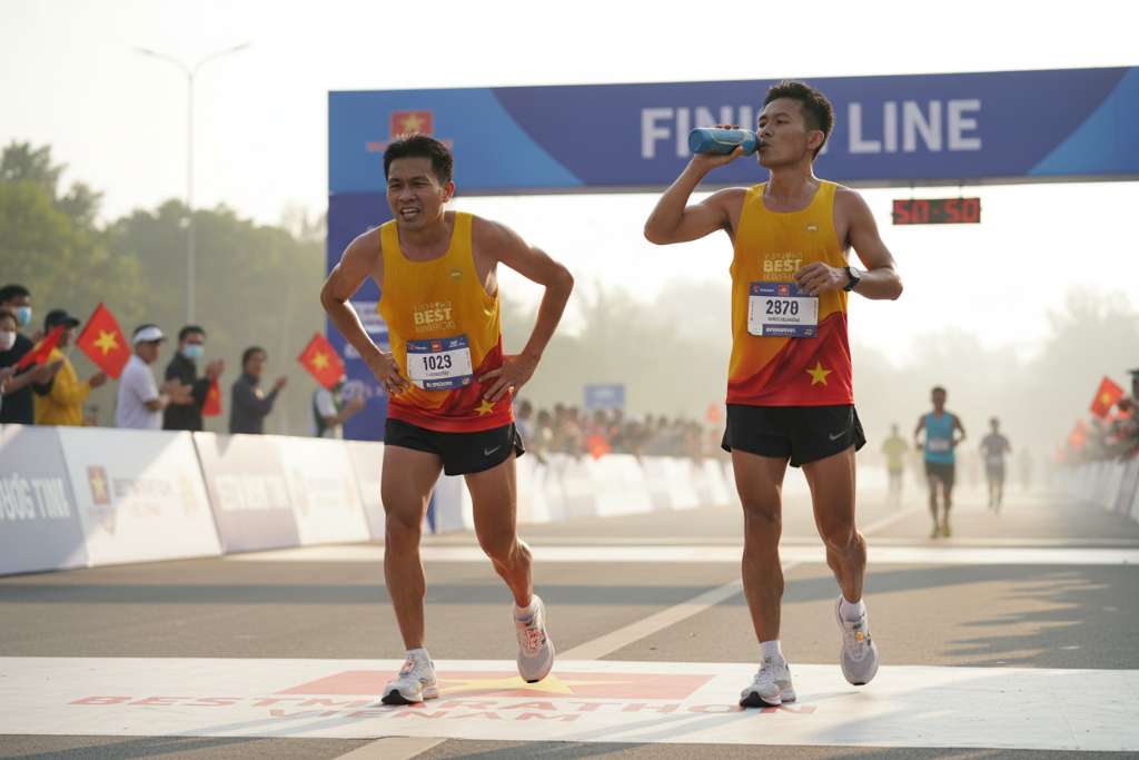 Hai runner Việt Nam chạy cạnh nhau trên đường chạy giải marathon buổi sáng, người bên trái biểu hiện mệt mỏi với tư thế chùng xuống và tay bám hông, người bên phải đang uống từ bình nước thể thao với stride mạnh mẽ. Phía sau là banner giải chạy và cổ động viên. Ánh sáng tự nhiên buổi sáng, góc chụp từ phía trước hơi thấp, phong cách phóng sự thể thao.