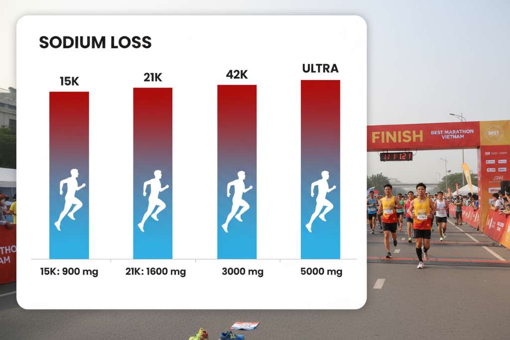 Infographic dạng biểu đồ cột đứng so sánh 4 cự ly (15K, 21K, 42K, Ultra), mỗi cột có gradient từ xanh nhạt đến đỏ đậm theo lượng natri tăng dần. Bên cạnh mỗi cột là icon runner với trang phục tương ứng. Phía dưới ghi con số mg natri cụ thể. Nền trắng, typography đậm nét, phong cách thể thao hiện đại.
