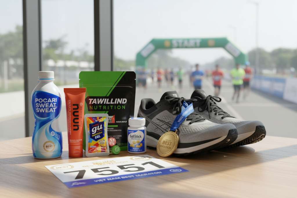 Bàn gỗ bày biện gọn gàng các sản phẩm điện giải phổ biến: chai Pocari Sweat, tuýp viên sủi Nuun, gói bột Tailwind, lọ viên muối SaltStick, gói gel GU, bên cạnh là đôi giày chạy bộ và số BIB giải marathon. Ánh sáng tự nhiên từ cửa sổ, góc chụp từ trên xuống (flat lay), phong cách product photography sạch sẽ.