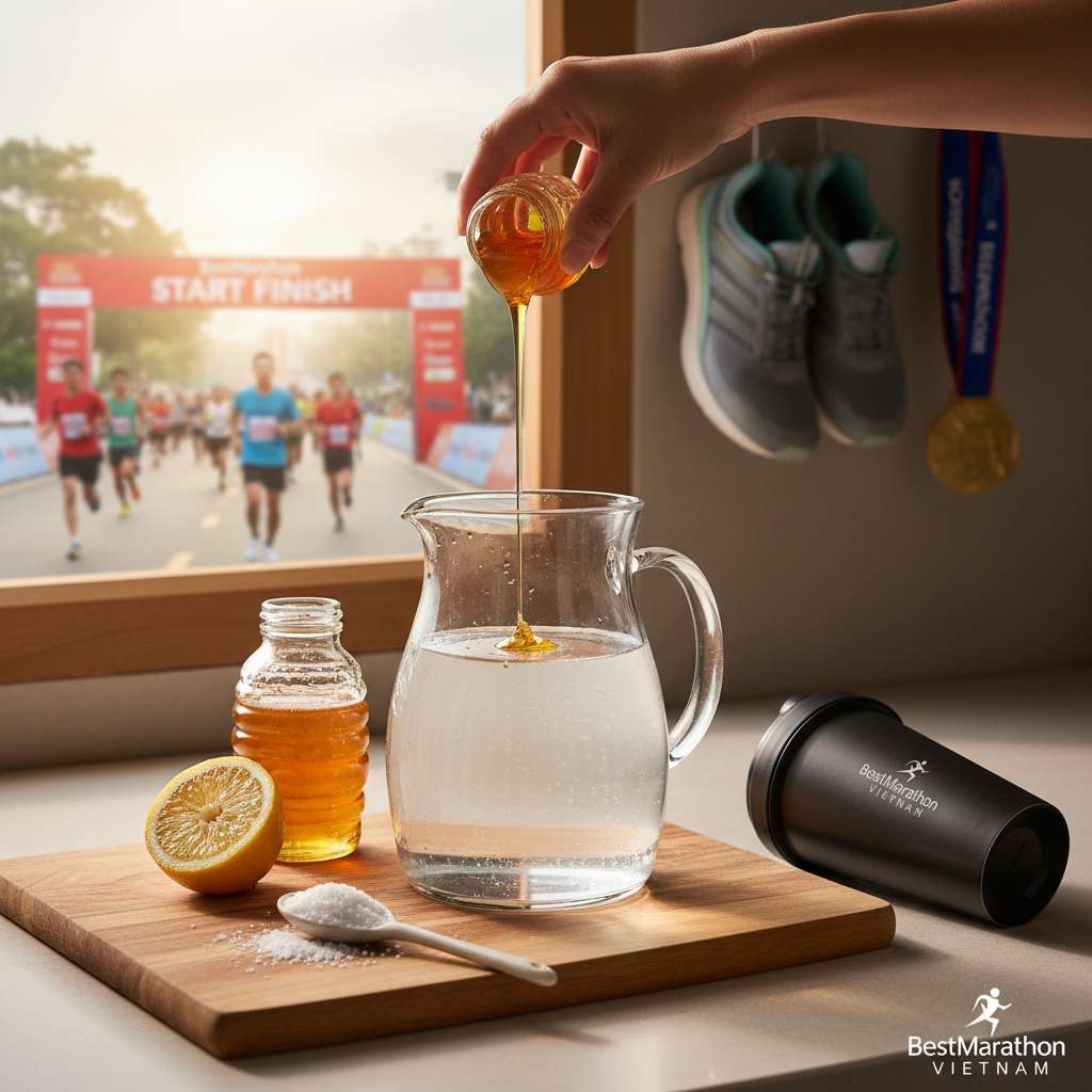 Mặt bàn bếp với các nguyên liệu pha nước điện giải bày ra: bình thủy tinh 1 lít nước, muỗng muối nhỏ, lọ mật ong, nửa quả chanh đã vắt, bên cạnh là bình lắc thể thao. Tay người đang rót mật ong vào bình. Ánh sáng ấm từ cửa sổ bếp, góc chụp 45 độ, phong cách recipe photography tự nhiên.