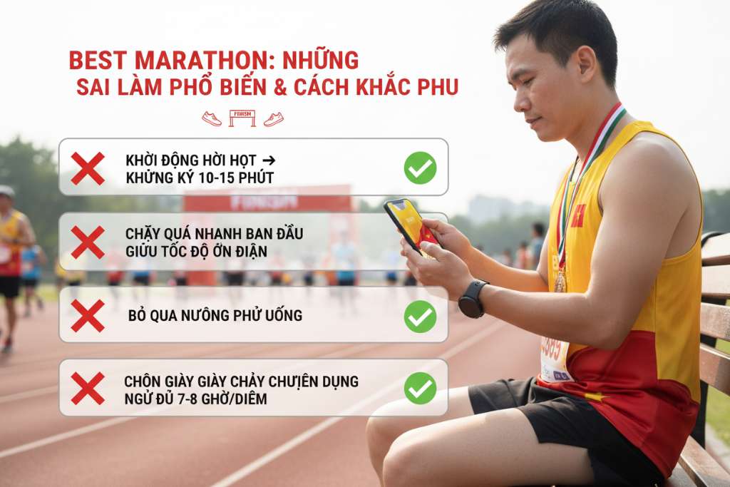 Infographic chia 5 hàng, mỗi hàng có biểu tượng ❌ đỏ bên trái kèm mô tả sai lầm, và biểu tượng ✅ xanh lá bên phải kèm cách khắc phục. Phong cách checklist sạch sẽ, font đậm nét, nền trắng với viền bo tròn mỗi hàng, phù hợp lưu ảnh vào điện thoại.