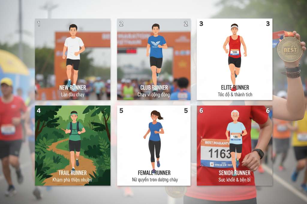 Illustration chia 6 ô vuông xếp 2 hàng 3 cột, mỗi ô là một nhóm runner: (1) runner mới — hình người mặc áo cotton lần đầu chạy, (2) runner phong trào — hình người mặc áo CLB chạy bộ, (3) runner elite — hình người mặc áo racing singlet, (4) trail runner — hình người chạy đường rừng, (5) runner nữ — hình nữ runner, (6) runner lớn tuổi — hình người tóc bạc chạy. Mỗi ô có 1 dòng lưu ý ngắn. Phong cách flat illustration, màu sắc tươi sáng.