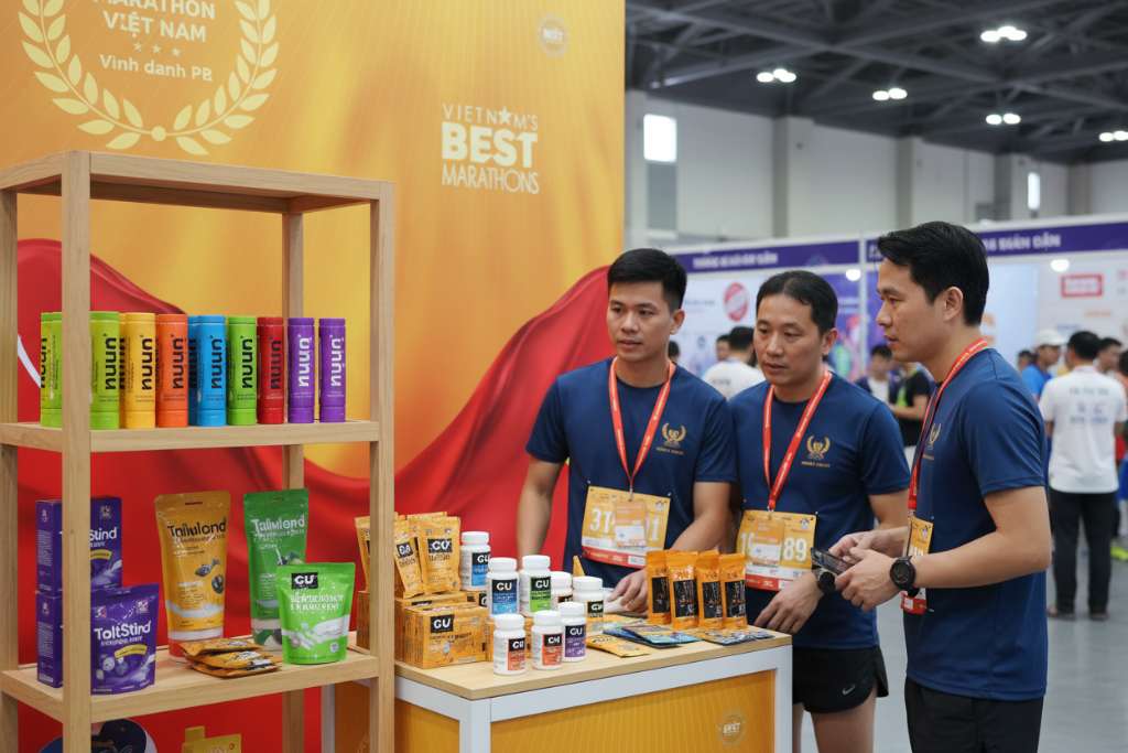 Quầy hàng bán đồ chạy bộ tại expo giải marathon Việt Nam, trưng bày viên sủi Nuun, gói Tailwind, lọ SaltStick, gel GU trên kệ gỗ. Phía sau là banner giải chạy và runner đang xem sản phẩm. Ánh sáng trong nhà sáng đều, góc chụp ngang tầm mắt, phong cách phóng sự sự kiện.