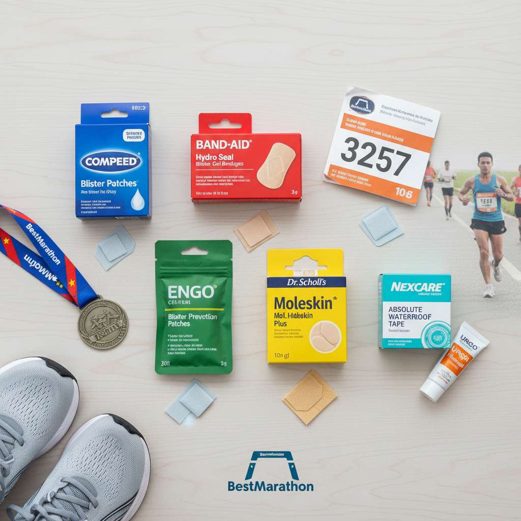 Ảnh flat-lay 6 sản phẩm miếng dán chống phồng rộp xếp cạnh nhau trên mặt bàn gỗ sáng: hộp Compeed xanh dương, hộp Band-Aid Hydro Seal đỏ, gói Engo Patches xanh lá, hộp Dr. Scholl's Moleskin vàng, hộp Nexcare 3M xanh ngọc, tuýp Urgo Filmogel trắng cam. Mỗi sản phẩm có 1 miếng dán lấy ra đặt bên cạnh hộp. Góc chụp top-down, ánh sáng studio đều, nền sáng tối giản.