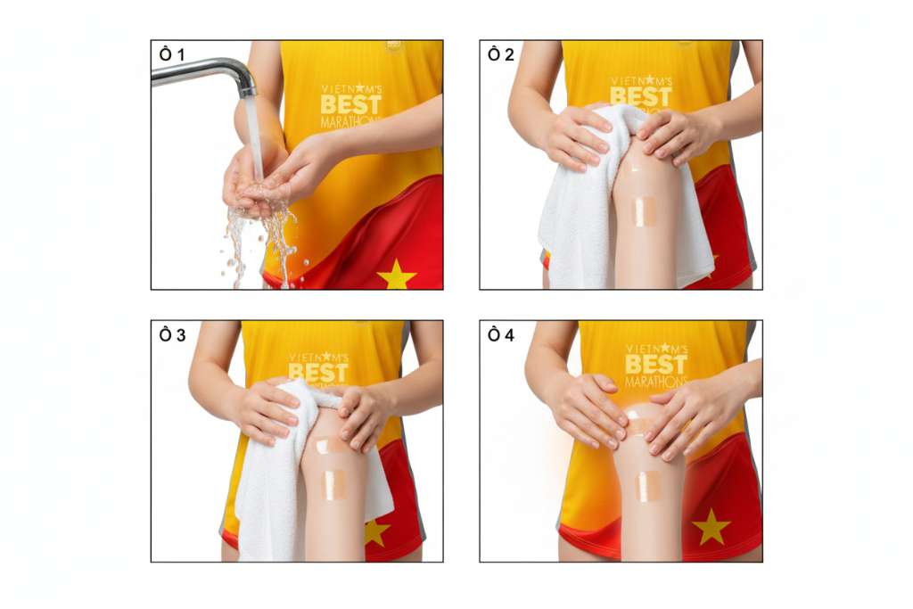 Hướng dẫn 4 bước dán miếng chống phồng rộp lên gót chân, bố cục chia 4 ô vuông đánh số. Ô 1: hai tay rửa sạch bàn chân dưới vòi nước. Ô 2: khăn trắng lau khô gót chân. Ô 3: hai tay đang bóc lớp bảo vệ miếng dán hydrocolloid và áp lên gót. Ô 4: hai bàn tay xoa chặt miếng dán đã dán xong, có hiệu ứng nhiệt nhẹ màu cam. Phong cách illustration y khoa sạch sẽ, nền trắng, đường nét rõ ràng.