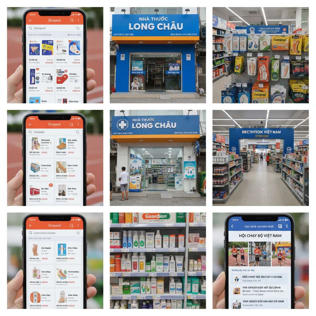 Collage dạng grid 2x3 gồm 6 hình nhỏ thể hiện các kênh mua miếng dán phồng rộp tại Việt Nam: ô 1 — giao diện Shopee với từ khóa 