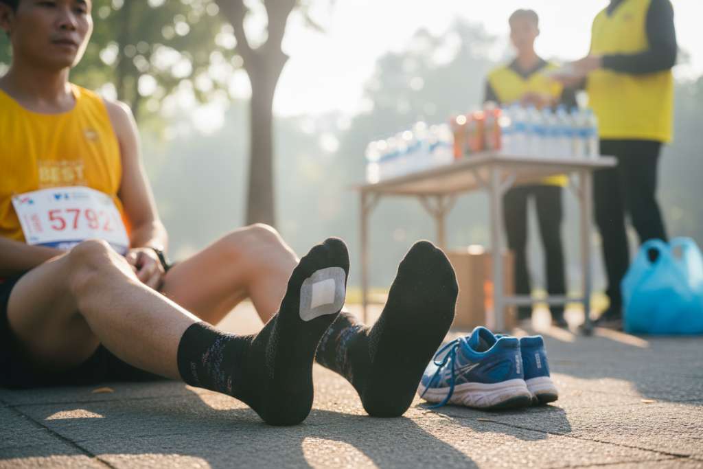 Cận cảnh bàn chân runner Việt Nam đang ngồi nghỉ tại trạm aid station ngoài trời, một miếng hydrocolloid trắng đục đang dán trên gót chân phải. Runner mặc quần short đen, mang giày chạy bộ tháo ra đặt bên cạnh, vớ chạy cuộn xuống mắt cá. Phía sau là bàn nước và tình nguyện viên mặc áo vàng. Ánh nắng sáng buổi sáng, góc chụp ngang tầm mắt, chất lượng ảnh báo chí thể thao.