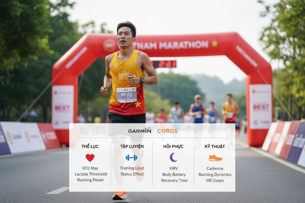 Infographic nền trắng chia thành 4 cột dọc, mỗi cột đại diện một nhóm chỉ số: Thể lực (icon trái tim đỏ — VO2 Max, Lactate Threshold, Running Power), Tập luyện (icon tạ xanh dương — Training Load, Training Status, Training Effect), Hồi phục (icon mặt trăng tím — HRV, Body Battery, Recovery Time), Kỹ thuật (icon giày cam — Cadence, Running Dynamics, HR Zones). Phía trên có logo Garmin và COROS. Phong cách flat design hiện đại, font sans-serif.