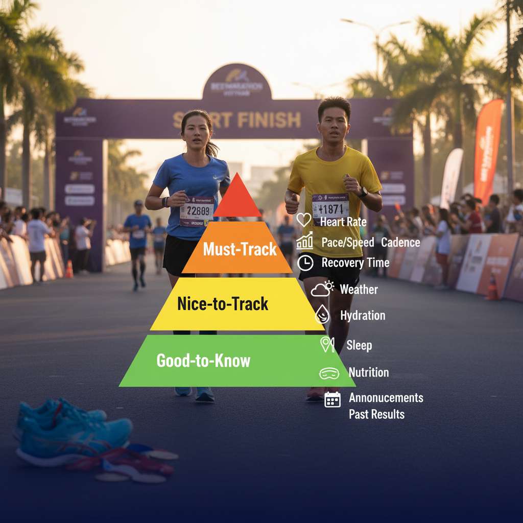 Hình minh họa dạng kim tự tháp 3 tầng trên nền gradient xanh đậm. Tầng đỉnh (nhỏ nhất, màu đỏ cam) ghi