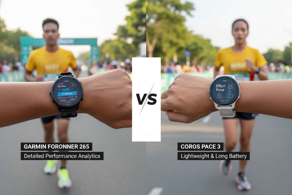 Bảng so sánh split-screen, bên trái là đồng hồ Garmin Forerunner 265 đang hiển thị màn hình Training Status trên cổ tay runner, bên phải là COROS PACE 3 hiển thị Effort Pace. Ở giữa là dấu