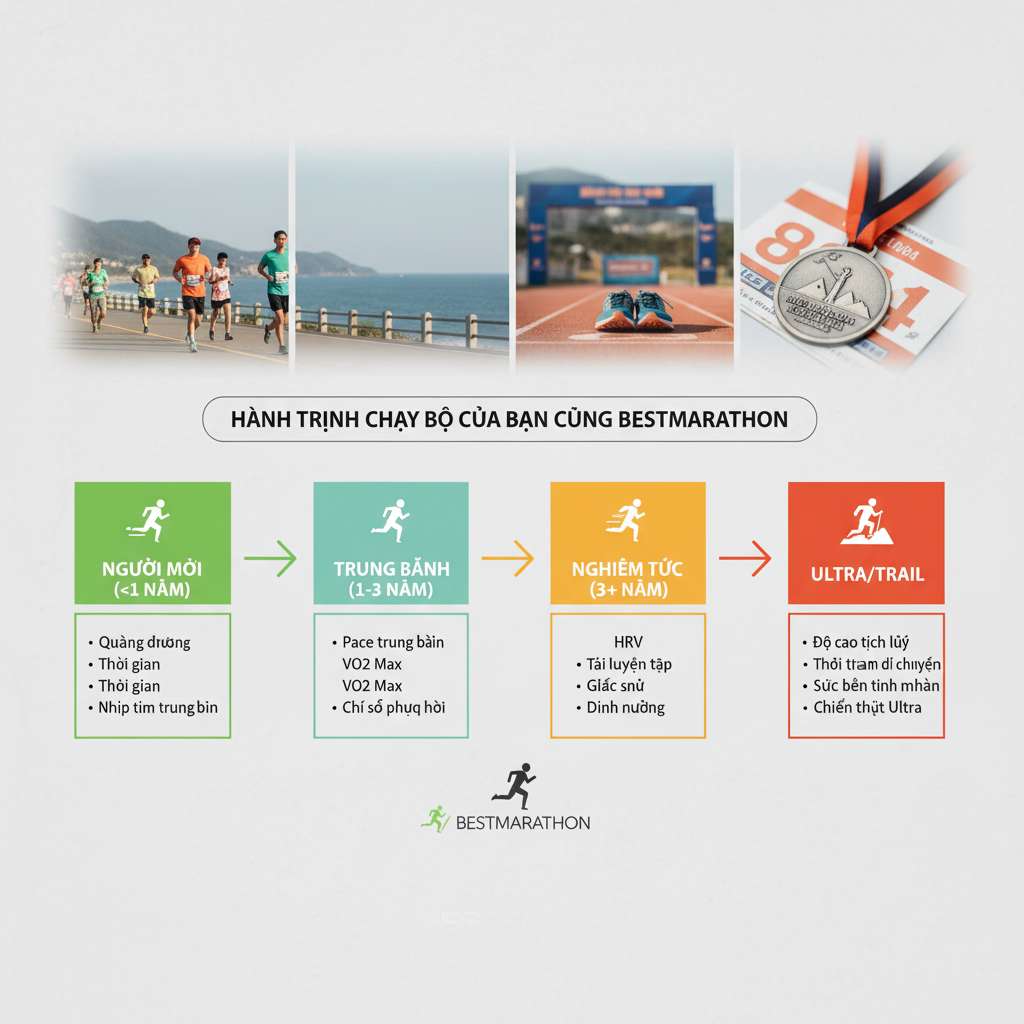 Sơ đồ roadmap ngang chia 4 giai đoạn từ trái sang phải trên nền xám nhạt: Người mới (<1 năm, icon người chạy chậm), Trung bình (1-3 năm, icon người chạy đều), Nghiêm túc (3+ năm, icon người chạy nhanh), Ultra/Trail (icon người chạy trên núi). Mỗi giai đoạn có khung chứa 3-5 tên chỉ số cần theo dõi, nối bằng mũi tên tiến trình. Màu sắc gradient từ xanh lá (mới) sang đỏ cam (pro). Phong cách infographic hiện đại.