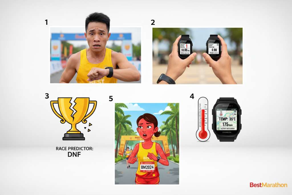 Hình minh họa 5 cảnh nhỏ xếp theo dạng grid 2x3 trên nền trắng. Cảnh 1: runner nhăn mặt lo lắng nhìn VO2 Max giảm 1 điểm trên đồng hồ. Cảnh 2: hai bàn tay cầm hai đồng hồ khác hãng đặt cạnh nhau so sánh. Cảnh 3: biểu tượng cúp race predictor bị nứt. Cảnh 4: nhiệt kế đỏ bên cạnh đồng hồ GPS. Cảnh 5: runner chạy mặt đỏ bừng tưởng đang Zone 2. Phong cách hoạt hình vui, màu sắc tươi sáng, có đánh số 1-5.