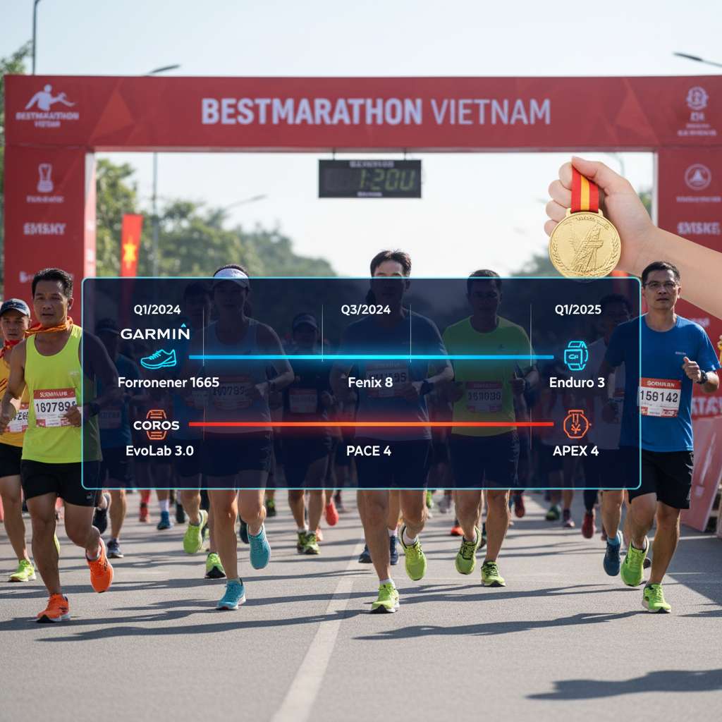 Timeline ngang trên nền xanh đậm gradient, hai hàng song song: hàng trên Garmin (màu xanh dương), hàng dưới COROS (màu đỏ cam). Mốc thời gian từ trái sang phải: Q1/2024 → Q3/2024 → Q1/2025. Mỗi mốc có icon sản phẩm nhỏ: Garmin — Forerunner 165, Fenix 8, Enduro 3; COROS — EvoLab 3.0, PACE 4, APEX 4. Phong cách tech roadmap, font hiện đại, nổi bật trên nền tối.