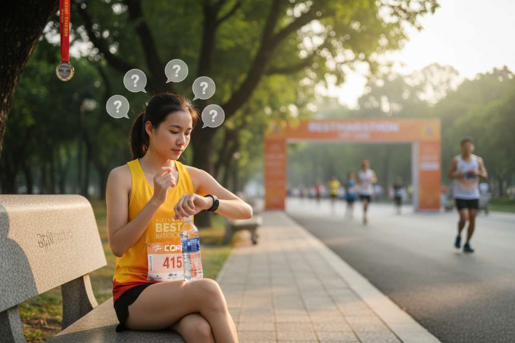 Runner nữ Việt Nam ngồi trên ghế đá công viên Thống Nhất Hà Nội sau buổi chạy, tay cầm bình nước, tay kia đưa lên xem đồng hồ COROS trên cổ tay. Xung quanh có 5 bong bóng hội thoại mờ chứa dấu hỏi chấm. Ánh sáng chiều vàng, cây xanh phía sau, phong cách chụp lifestyle tự nhiên.