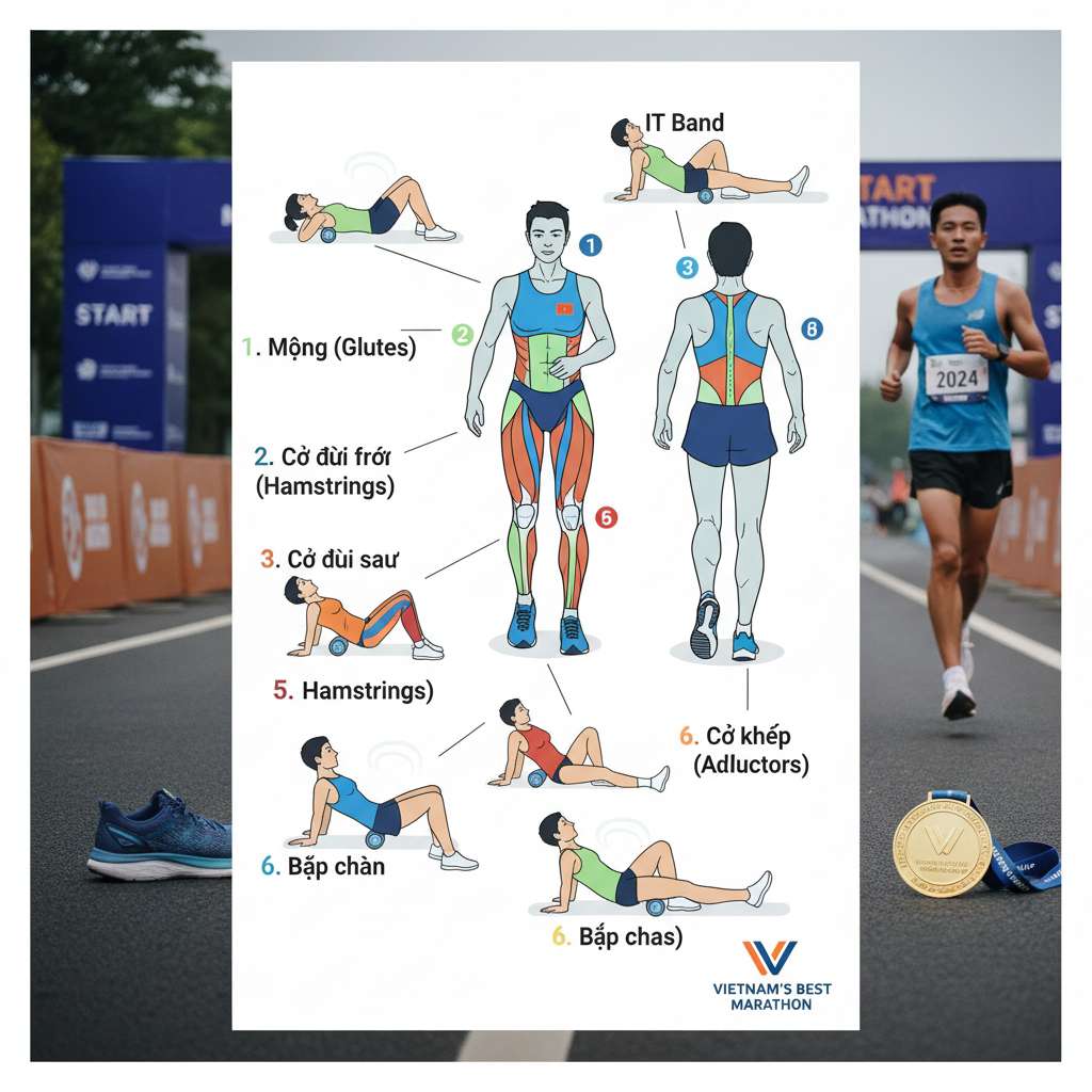 Infographic dọc trên nền trắng, vẽ hình người runner nhìn từ phía trước và phía sau, đánh số 6 nhóm cơ chân (1-Mông, 2-IT Band, 3-Quads, 4-Hamstrings, 5-Calves, 6-Adductors) bằng các vùng tô màu khác nhau. Mỗi vùng cơ có mũi tên chỉ ra hình minh họa nhỏ tư thế đặt foam roller tương ứng. Phong cách đồ họa phẳng, màu xanh dương và cam chủ đạo, logo Vietnam's Best Marathon ở góc dưới.