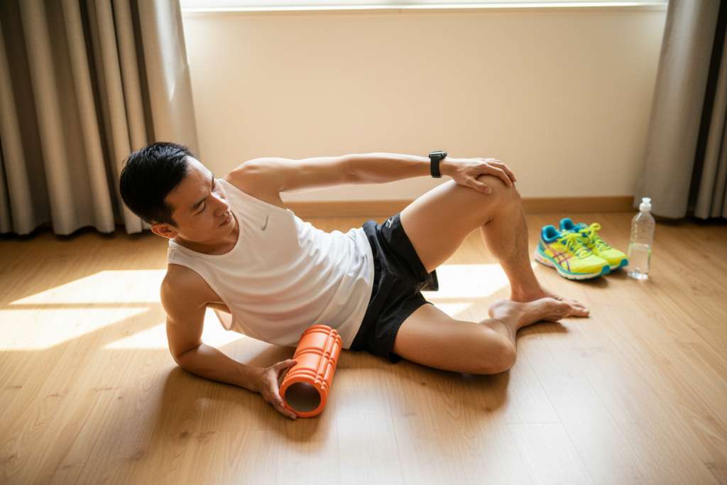 Một nam runner Việt Nam khoảng 30 tuổi, mặc áo ba lỗ trắng và quần short đen, đang nằm nghiêng lăn foam roller màu cam trên cơ tứ đầu đùi tại phòng khách gia đình. Sàn gỗ sáng màu, bên cạnh có đôi giày chạy và bình nước. Ánh sáng tự nhiên từ cửa sổ, góc chụp từ trên xuống 45 độ, không khí ấm cúng và thực tế.