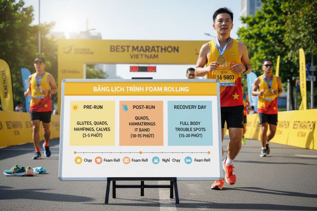 Bảng lịch trình foam rolling dạng infographic ngang, chia 3 cột rõ ràng: Pre-run (biểu tượng mặt trời, nền vàng nhạt, 3-5 phút), Post-run (biểu tượng mồ hôi, nền cam nhạt, 10-15 phút), Recovery Day (biểu tượng giường, nền xanh nhạt, 15-20 phút). Mỗi cột liệt kê nhóm cơ ưu tiên và thời gian. Phía dưới là thanh timeline tuần Thứ 2 đến CN với ký hiệu chạy/nghỉ/foam roll. Phong cách đồ họa phẳng, sạch sẽ.