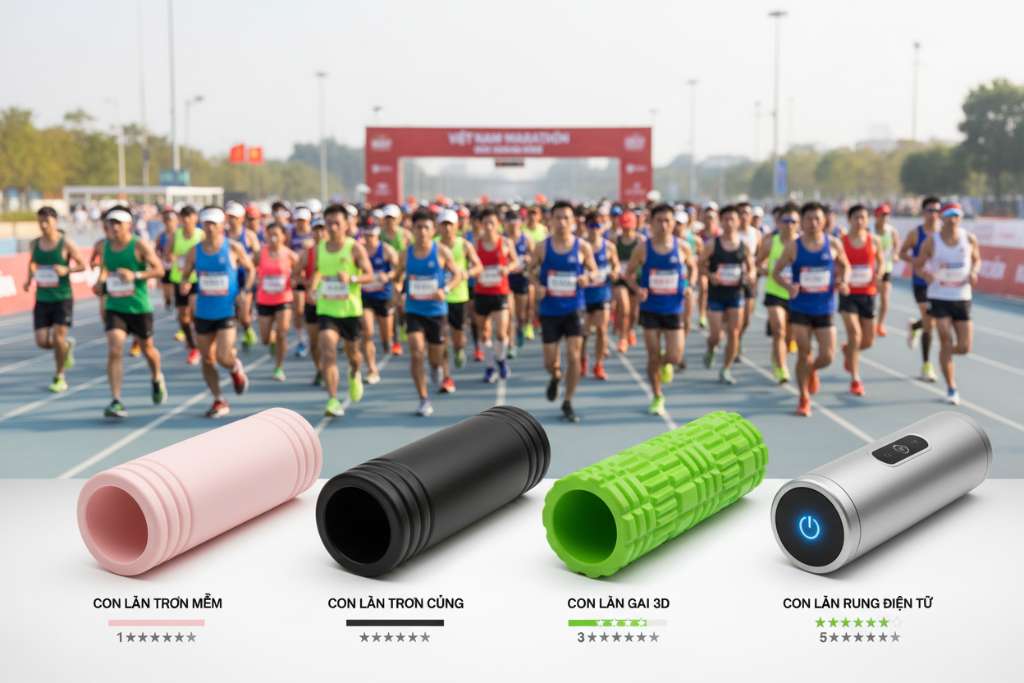 Bốn loại foam roller đặt ngang hàng trên nền trắng, từ trái sang phải: (1) roller trơn mềm màu hồng pastel, (2) roller trơn cứng màu đen, (3) roller gai 3D màu xanh lá, (4) roller rung điện tử màu xám bạc có nút bấm LED. Phía dưới mỗi roller có nhãn ghi tên loại và mức độ cứng bằng thanh đồ họa từ 1-5 sao. Góc chụp từ trên xuống 30 độ, ánh sáng studio đều, bóng nhẹ.