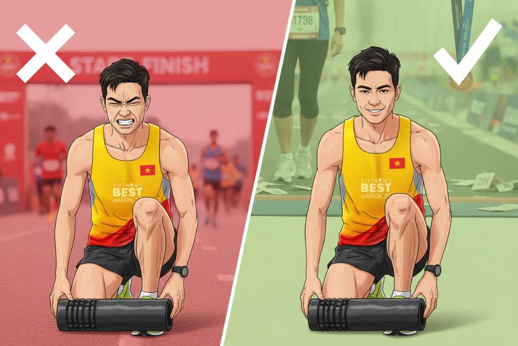 Hình minh họa chia đôi màn hình theo chiều dọc. Bên trái (nền đỏ nhạt, dấu X lớn): runner lăn foam roller trực tiếp lên đầu gối, mặt nhăn nhó đau đớn. Bên phải (nền xanh lá nhạt, dấu ✓ lớn): cùng runner đó lăn đúng cách trên cơ tứ đầu đùi, dừng cách đầu gối 5cm, biểu cảm thoải mái. Phong cách illustration hiện đại, đường nét rõ ràng.