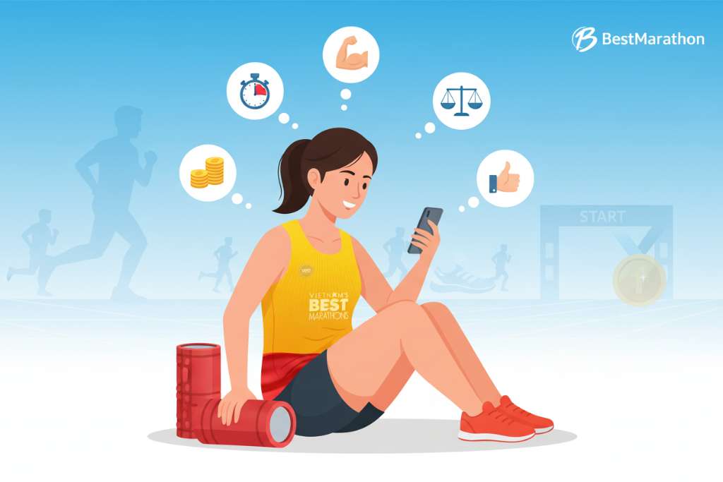 Minh họa dạng flat design, một runner nữ Việt Nam ngồi bên cạnh foam roller, tay cầm điện thoại đang đọc thông tin, phía trên đầu có 5 bong bóng hội thoại chứa dấu hỏi chấm với các icon nhỏ (đồng hồ, cơ bắp, tiền, so sánh, ngón tay cái). Nền gradient xanh dương nhạt sang trắng, phong cách tươi sáng và thân thiện.