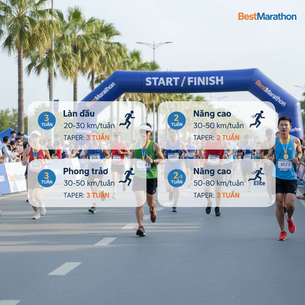 Bảng so sánh trực quan dạng 4 card ngang trên nền gradient xanh nhạt sang trắng. Mỗi card đại diện một cấp độ runner: 