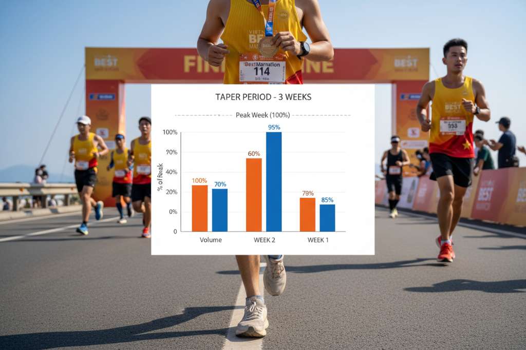 Biểu đồ cột dọc trên nền trắng, 3 nhóm cột tương ứng 3 tuần taper. Mỗi nhóm có 2 cột: cam cho 