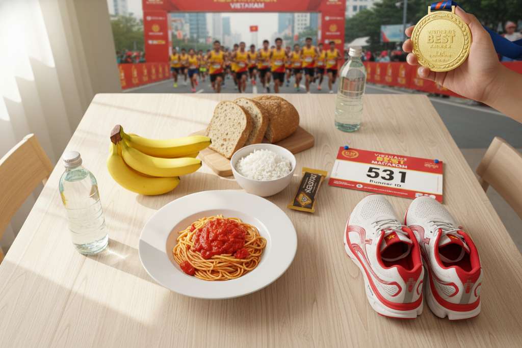 Ảnh flat lay nhìn từ trên xuống một bàn ăn gỗ sáng với các món carb-loading: đĩa mì pasta sốt cà chua, bát cơm trắng, chuối, bánh mì, chai nước, thanh energy bar. Bên cạnh có đôi giày chạy bộ và bib number marathon. Ánh sáng tự nhiên từ cửa sổ bên trái, tông ấm, phong cách food photography tự nhiên kiểu lifestyle. Bố cục cân đối, màu sắc tươi sáng.