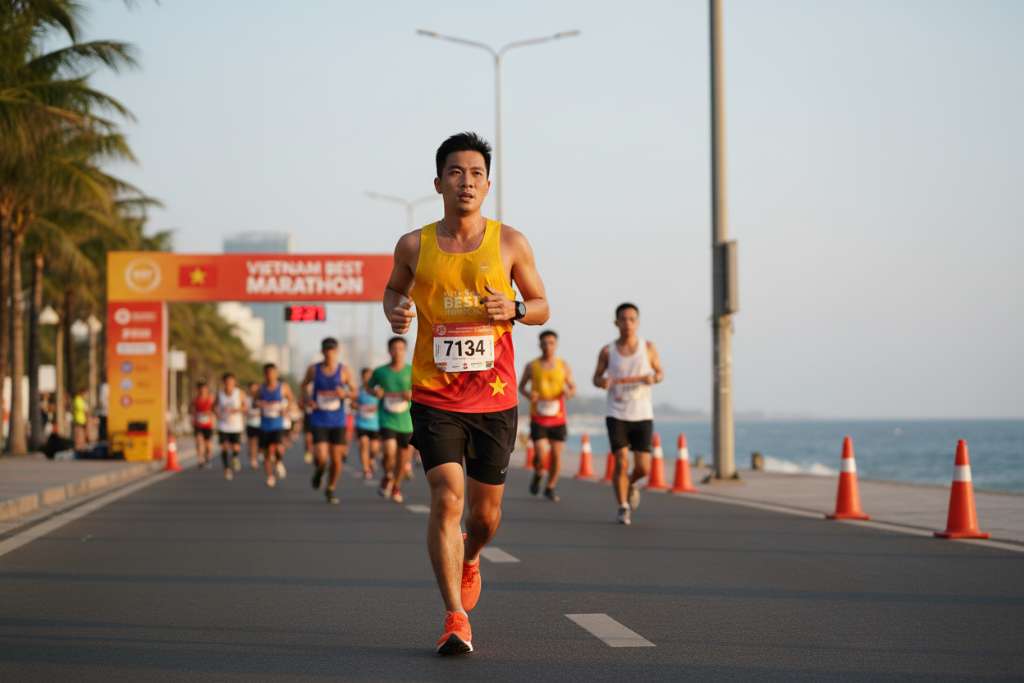 Illustration phong cách cartoon hiện đại: một runner nam Việt Nam ngồi trên ghế sofa phòng khách, mặc quần short thể thao, nhìn đôi giày chạy đặt cạnh cửa ra vào với ánh mắt bồn chồn. Phía trên đầu có 3 bong bóng suy nghĩ: 