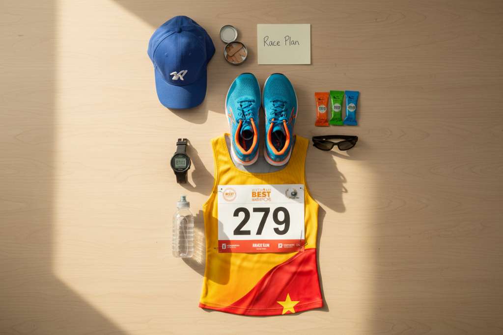 Ảnh flat lay nhìn từ trên xuống một bàn gỗ sáng bày sẵn đồ chuẩn bị race day: giày chạy bộ đặt ngay ngắn, áo singlet đua gấp gọn có bib number gắn sẵn, đồng hồ GPS, 3 gói gel năng lượng, chai nước nhỏ, kính mát thể thao, mũ lưỡi trai, band-aid chống phồng rộp, và một tờ giấy nhỏ viết tay 