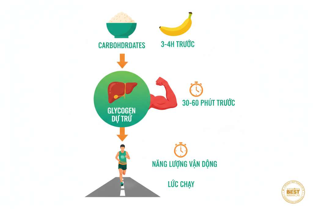 Infographic dọc trên nền trắng minh họa quá trình chuyển hóa năng lượng khi chạy bộ: phía trên là hình bát cơm và quả chuối (carbohydrate), mũi tên xuống hình gan và cơ bắp (glycogen dự trữ), mũi tên tiếp xuống hình runner đang chạy trên đường (năng lượng vận động). Bên phải mỗi bước có icon đồng hồ ghi mốc thời gian: 3-4h trước, 30-60 phút trước, lúc chạy. Phong cách flat design, tông màu xanh lá và cam năng động, có logo Vietnam's Best Marathon ở góc dưới.
