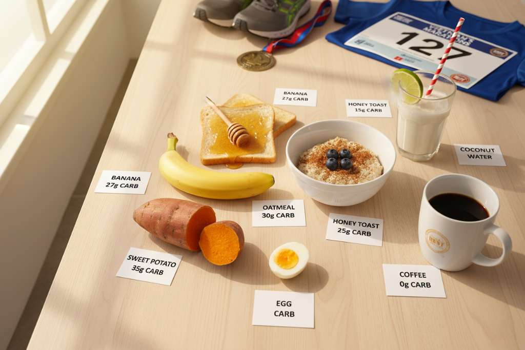 Bàn ăn gỗ sáng chụp từ trên xuống (flat lay), bày biện gọn gàng các thực phẩm tốt cho runner: 1 quả chuối chín vàng, bát yến mạch rắc quế, 2 lát bánh mì trắng phết mật ong, 1 củ khoai lang luộc bổ đôi, 1 quả trứng luộc cắt nửa, ly nước dừa tươi có ống hút, ly cà phê đen. Mỗi món có nhãn nhỏ ghi tên và lượng carb. Ánh sáng tự nhiên từ cửa sổ bên trái, tông ấm, phong cách food photography sạch sẽ.