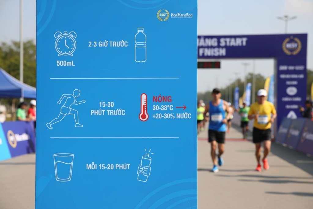 Infographic dọc minh họa lịch uống nước cho runner. Phía trên là icon đồng hồ báo thức ghi 