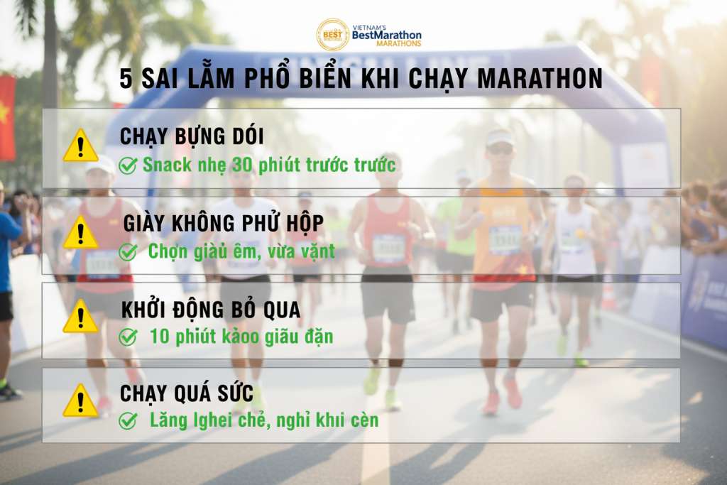 Infographic dạng checklist 5 mục trên nền trắng. Mỗi mục có icon cảnh báo tam giác vàng bên trái, tiêu đề sai lầm in đậm, và gợi ý sửa đúng bên dưới bằng chữ xanh lá với icon tick. Ví dụ: 