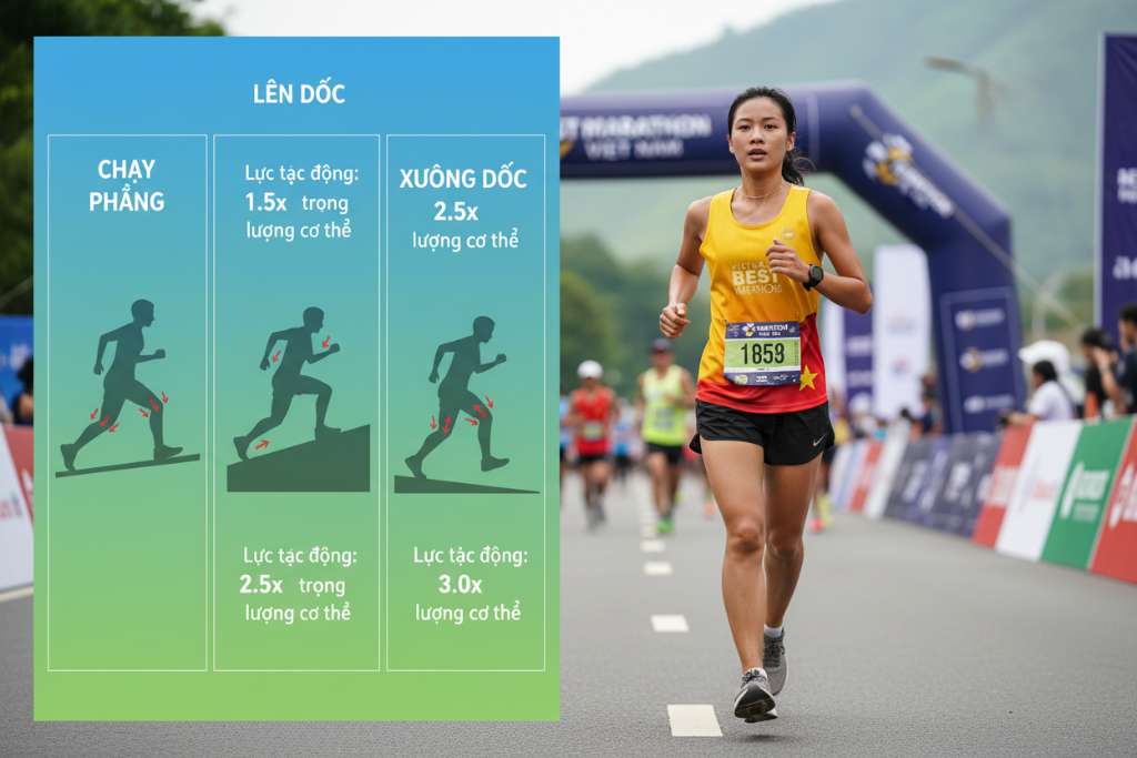 Infographic dọc chia 3 cột so sánh chạy phẳng, lên dốc, xuống dốc. Mỗi cột có hình silhouette runner với mũi tên đỏ chỉ lực tác động lên khớp gối, kèm con số cụ thể. Nền gradient xanh dương sang xanh lá, phong cách minh họa y khoa thể thao hiện đại, font chữ rõ ràng, 4K.