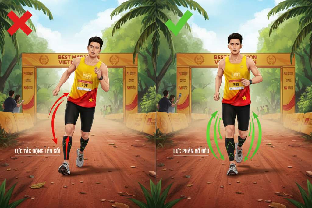 Hình minh họa chia đôi màn hình dạng before-after. Bên trái (đánh dấu X đỏ): runner ngả người ra sau, gót chân chạm đất trước trọng tâm, mũi tên đỏ chỉ lực tác động lên gối. Bên phải (đánh dấu ✓ xanh): runner thân hơi nghiêng trước, midfoot landing dưới trọng tâm, mũi tên xanh chỉ lực phân bổ đều. Nền đường trail đất, ánh sáng ban ngày, phong cách minh họa kỹ thuật thể thao 4K.