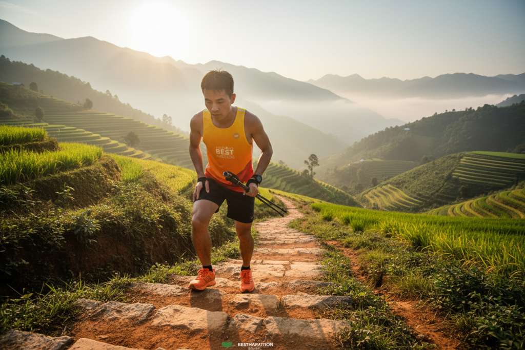 Runner Việt Nam mặc áo trail cam neon đang power hike lên dốc cao, thân nghiêng trước, hai tay chống đầu gối, sử dụng gậy trail carbon trên tay phải. Bối cảnh đường mòn đất đỏ xen kẽ bậc đá tự nhiên ở vùng núi Tây Bắc, hai bên là ruộng bậc thang xanh mướt. Sương mờ phía xa, ánh sáng buổi sáng sớm, góc chụp từ phía dưới nhìn lên, 4K.