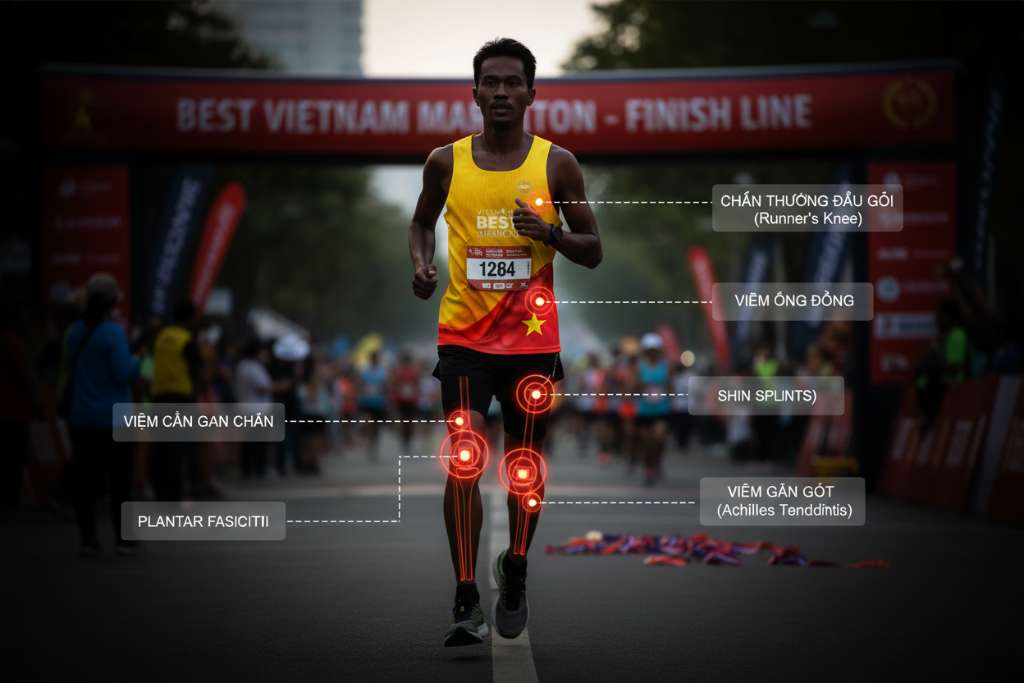 Infographic dạng body map — hình silhouette runner chính diện trên nền tối, các vùng chấn thương được đánh dấu bằng vòng tròn phát sáng đỏ-cam tại đầu gối, ống chân, gót chân, lòng bàn chân. Mỗi vùng có đường kẻ nối tới hộp text ghi tên chấn thương. Phong cách medical illustration hiện đại, 4K.