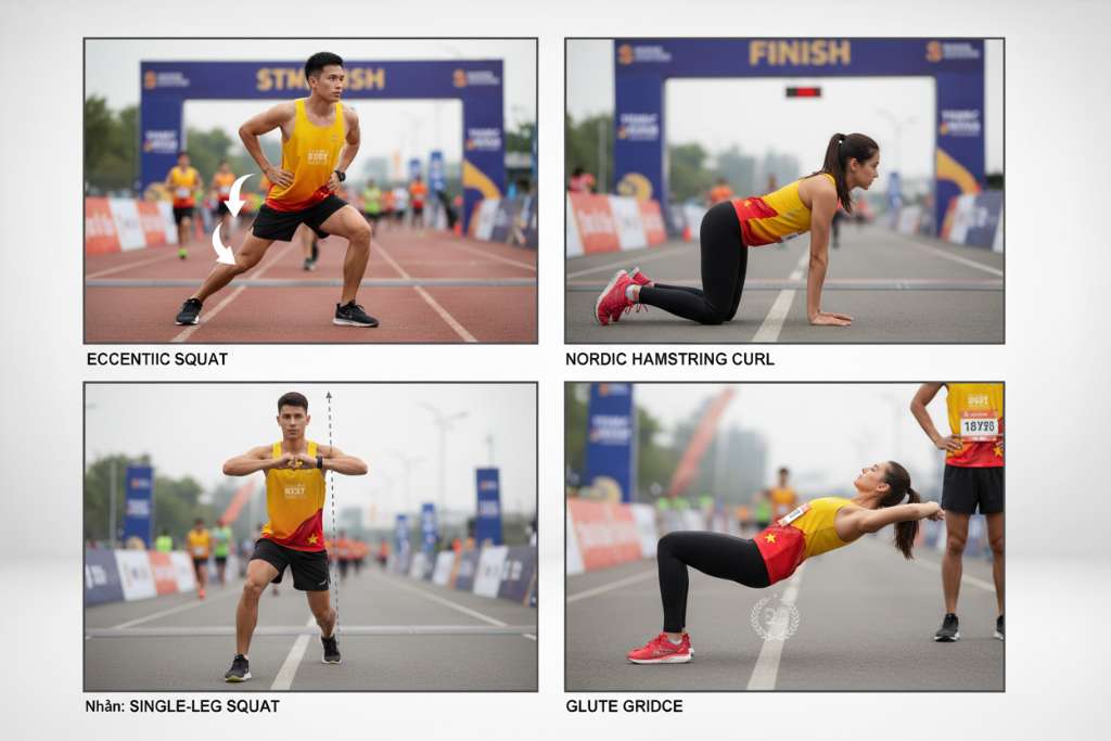 Bộ 4 hình minh họa sắp xếp dạng grid 2×2 trên nền trắng sạch: (1) Eccentric squat với mũi tên xuống chậm, (2) Nordic hamstring curl tư thế hạ người, (3) Single-leg squat với đường kẻ chỉ trục gối, (4) Glute bridge nâng hông. Mỗi hình có nhãn tên bài tập, phong cách fitness illustration chuyên nghiệp, 4K.