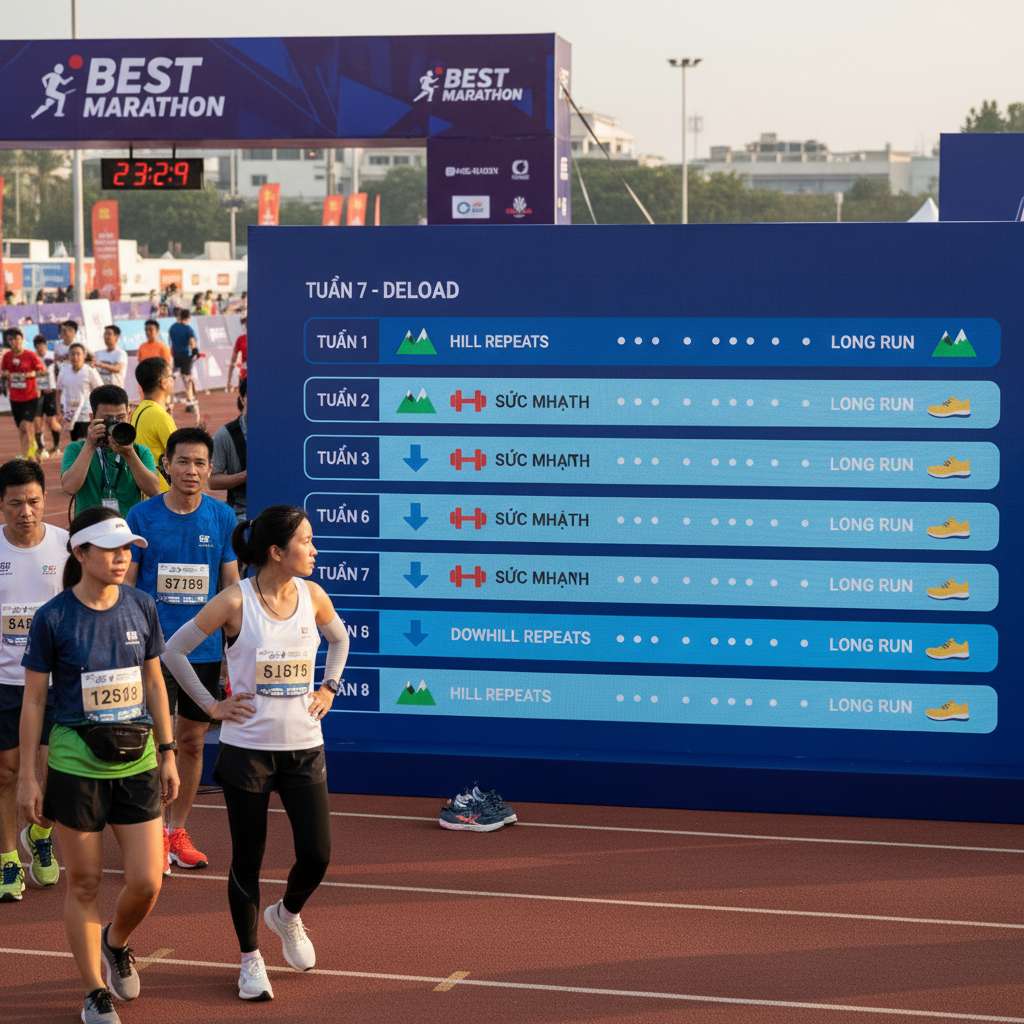 Bảng lịch tập 8 tuần dạng timeline ngang trên nền gradient xanh dương đậm sang nhạt. Mỗi tuần là một hàng, các ngày tập được đánh dấu bằng icon khác nhau: biểu tượng núi cho hill repeats, tạ cho sức mạnh, mũi tên xuống cho downhill repeats, giày cho long run. Tuần deload và taper có màu nhạt hơn. Phong cách thiết kế phẳng hiện đại, 4K.