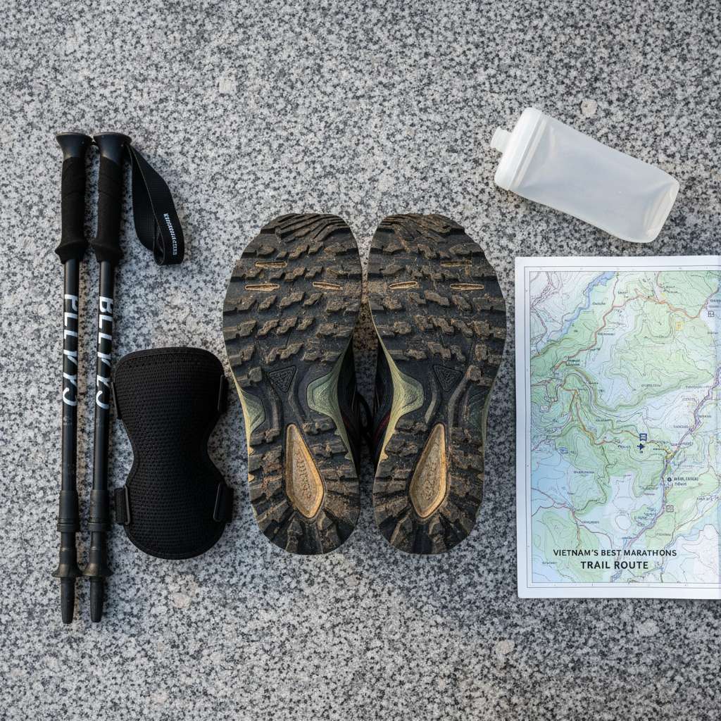 Flat lay chụp từ trên xuống trên nền đá granite xám: đôi giày trail lật ngửa cho thấy lug đế sâu, cặp gậy trail carbon gấp gọn, băng bảo vệ gối, và bình nước mềm. Bên cạnh là bản đồ trail gấp mở một góc. Ánh sáng tự nhiên, phong cách product photography tối giản, 4K.