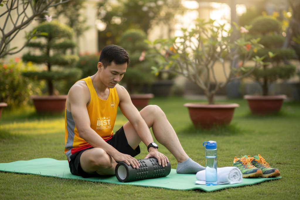 Runner Việt Nam ngồi trên thảm yoga xanh lá ngoài trời, đang foam rolling cơ đùi trước bằng con lăn đen. Bên cạnh là bình nước, khăn trắng và đôi giày trail đã cởi. Bối cảnh sân vườn có cây xanh, ánh nắng chiều nhẹ, góc chụp ngang tầm mắt, phong cách lifestyle thể thao, 4K.
