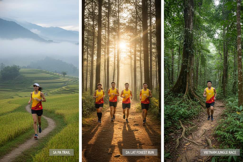 Collage 3 ảnh ghép ngang: (1) Runner chạy qua ruộng bậc thang Sa Pa sương mờ, (2) Nhóm runner trên đường mòn rừng thông Đà Lạt nắng xuyên tán lá, (3) Runner đơn lẻ trên đường rừng nhiệt đới rậm rạp có rễ cây lớn. Mỗi ảnh có nhãn tên giải ở góc dưới. Phong cách nhiếp ảnh thể thao tự nhiên, 4K.