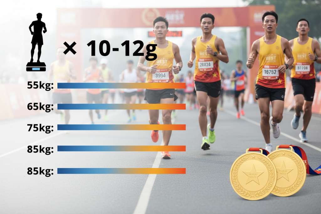 Infographic ngang thể hiện công thức tính carb loading: bên trái là hình silhouette runner đứng trên cân, giữa là dấu nhân 